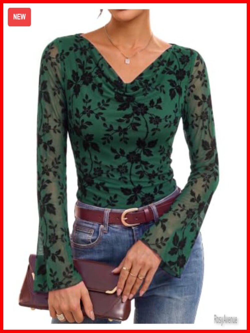 Women's Boho Mesh Blouse Cowl Neck Bell Sleeve Dressy Casual Top